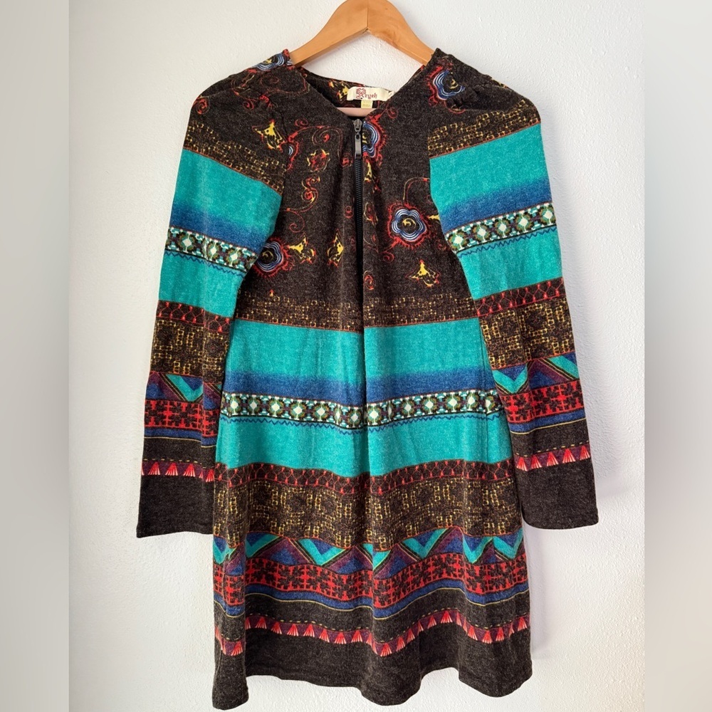 Y2K Aryeh Multicolor Striped Geometric Zip Front Long Sleeve Sweater Dress L